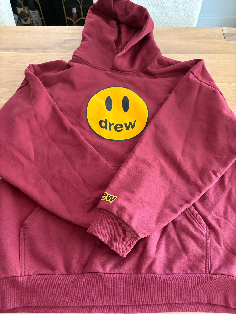 drew house Men's Maroon Crewneck Hoodie with Yellow Smiley